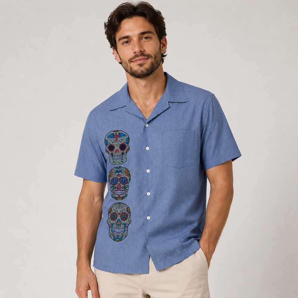 Johnny Suede Men XL Sugar Skull Bowling Shirt Blue Car Graphic Made USA